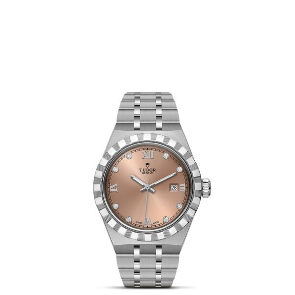 TUDOR Royal Boîtier en acier 28 mm Cadran saumon serti de diamants