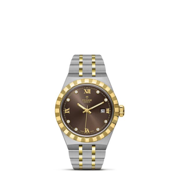 TUDOR Royal Boîtier en acier 28 mm Cadran chocolat serti de diamants