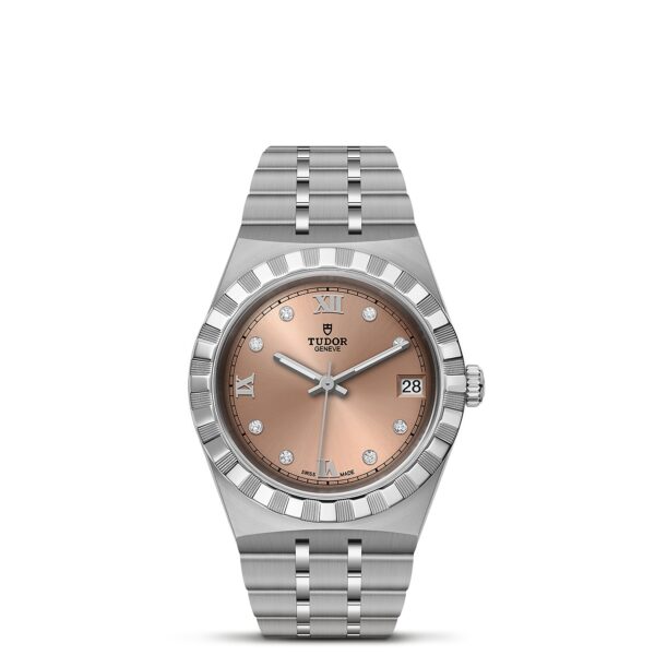 TUDOR Royal Boîtier en acier 34 mm Cadran saumon serti de diamants