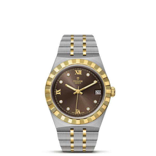 TUDOR Royal Boîtier en acier 34 mm Cadran chocolat serti de diamants