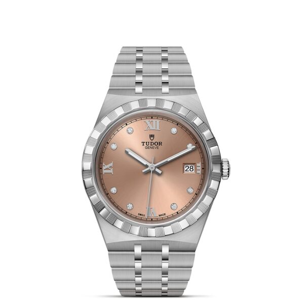 TUDOR Royal Boîtier en acier 38 mm Cadran saumon serti de diamants