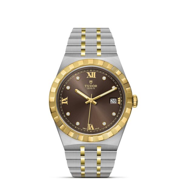 TUDOR Royal Boîtier en acier 38 mm Cadran chocolat serti de diamants