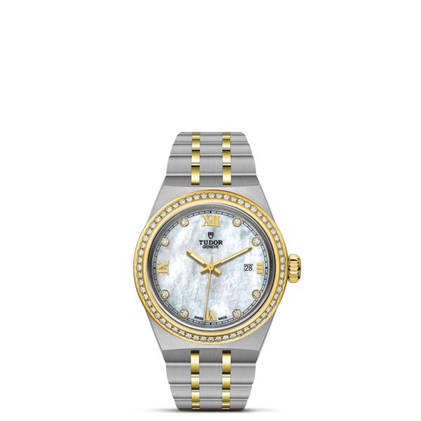 TUDOR Royal Boîtier en acier 28 mm Lunette en or jaune sertie de 60 diamants Cadran Nacre blanche serti de diamants