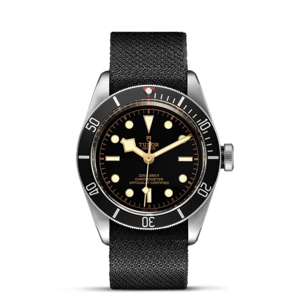 TUDOR Black Bay Boîtier en acier 41 mm Bracelet en tissu noir Cadran Noir avec index roses
