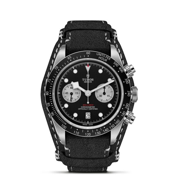 TUDOR Black Bay Chrono Boîtier en acier 41 mm Cadran Noir avec des compteurs argentés Bracelet en cuir noir
