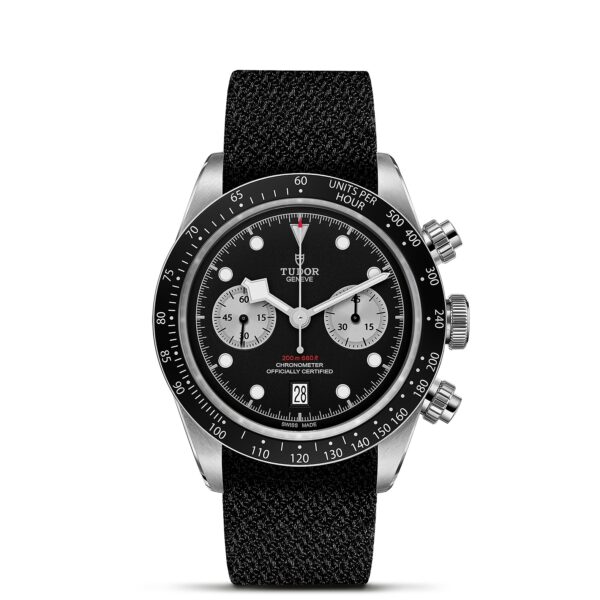 TUDOR Black Bay Chrono Boîtier en acier 41 mm Cadran Noir avec des compteurs argentés Bracelet en tissu noir