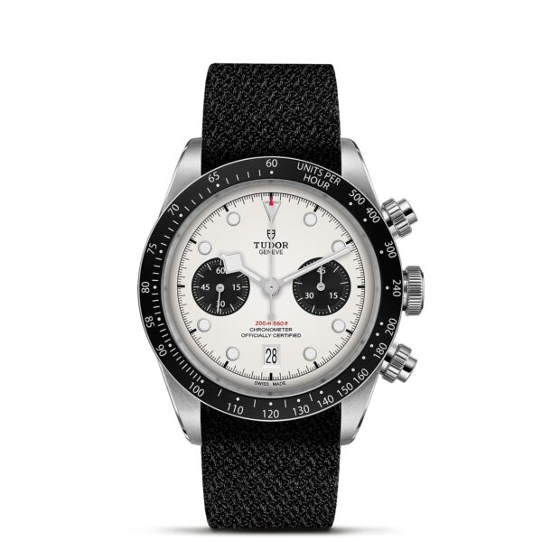 TUDOR Black Bay Chrono Boîtier en acier 41 mm Cadran Opalin avec des compteurs noirs Bracelet en tissu noir